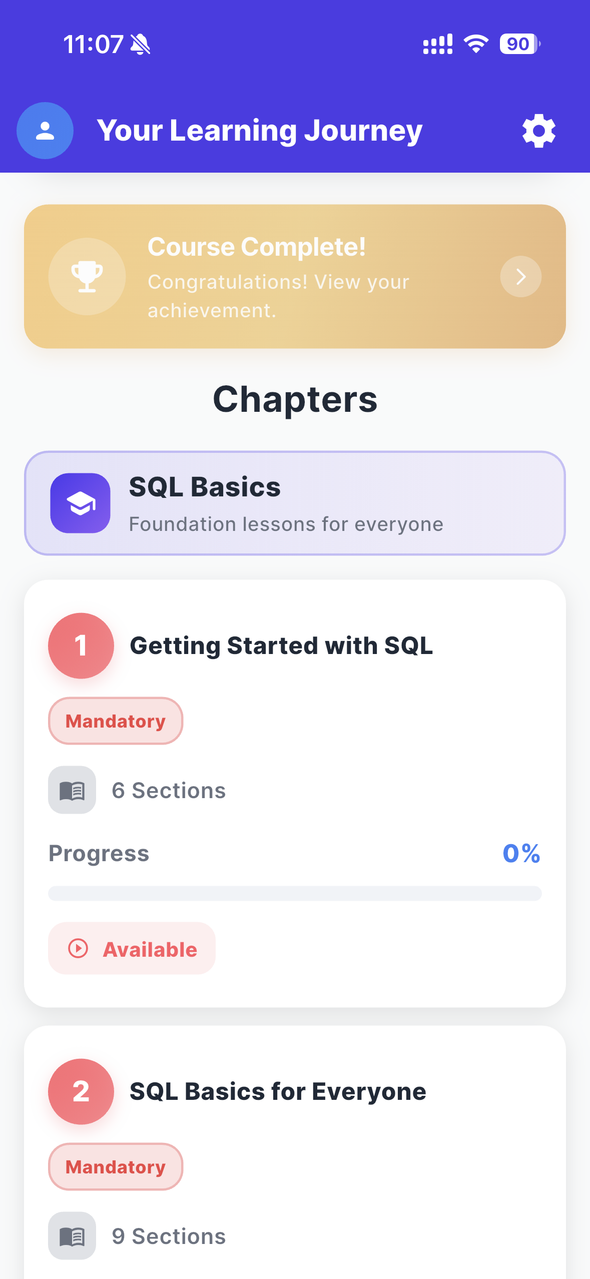 Main learning page — chapter map with level-based structure