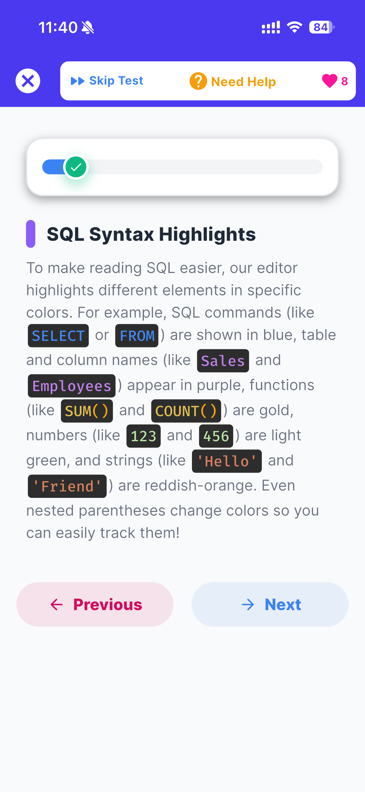 Inline lesson page — color-coded SQL elements for visual learning