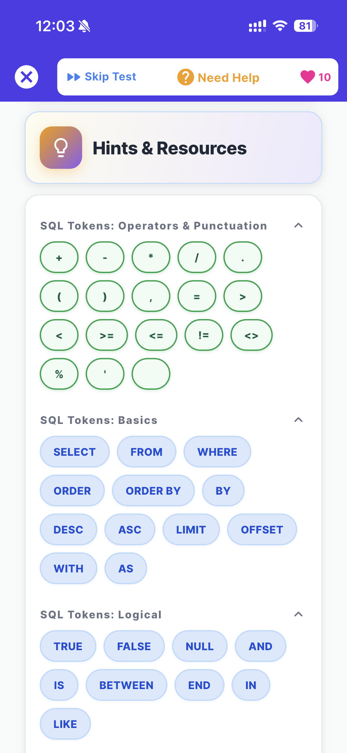 Tappable tokens & functions — tap to insert, no memorization needed